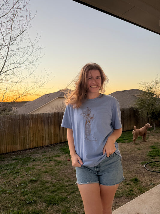 Washed Denim Wildflower Brown Cowboy Boot Bouquet T-Shirt