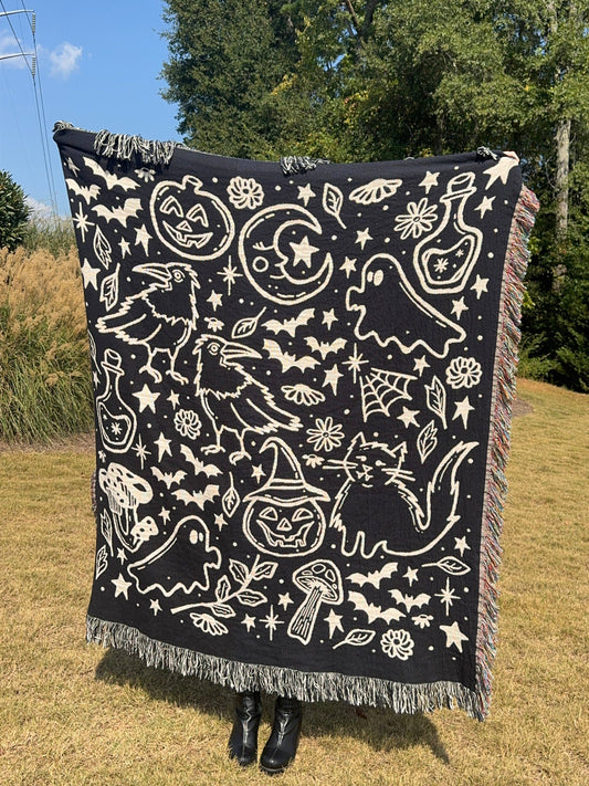 Spooky Witchy Woven Throw Blanket - Whimsical Halloween Decor
