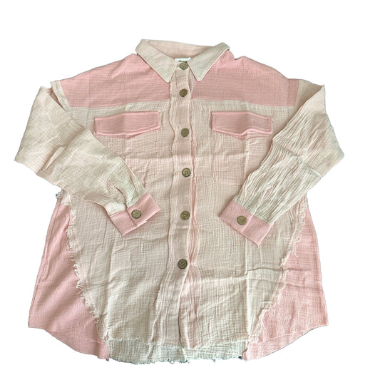 Waffle-Knit Raw Hem Lightweight Long Sleeve Shacket