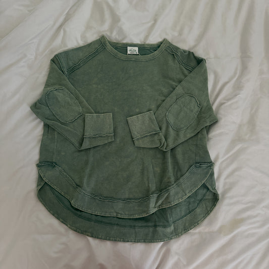 Sage Green Mineral Washed Waffle Long Sleeve Top