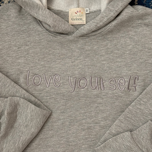 Gentle Cloud Grey Monochromatic Embroidered Love Yourself Hoodie