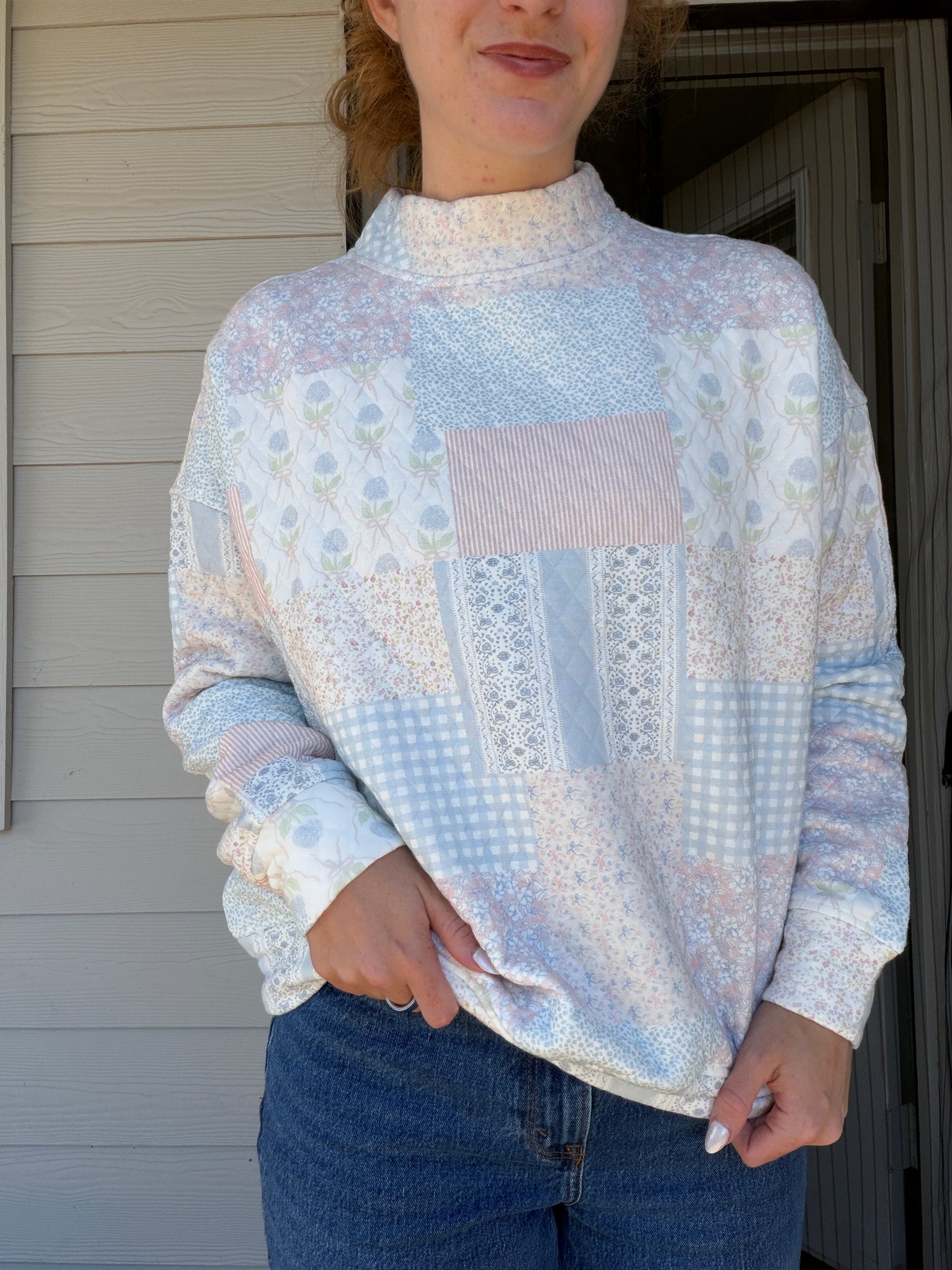 Quilted Patchwork Mockneck Sweatshirt