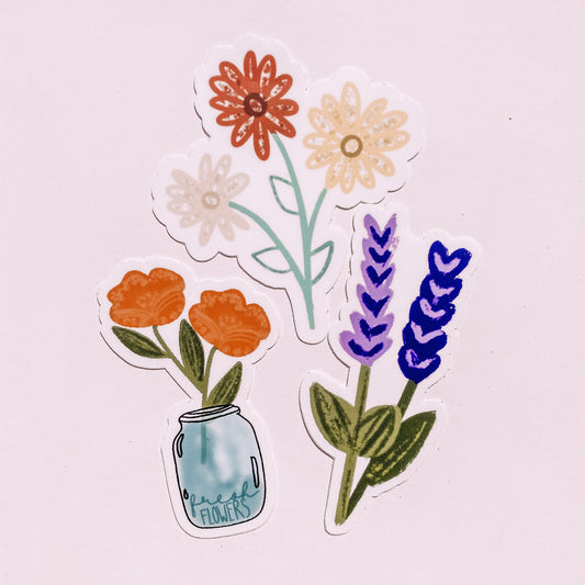 Fresh Flowers Waterproof Vinyl Sticker Pack - Mason Jar Orange Flower + Lavender + Pink, Red, Yellow Flower Bunch