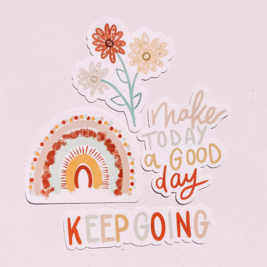 Motivational Sticker Pack - Colorful Dotted Watercolor Rainbow + Keep Going + Make Today a Good Day + Pink, Red, Yellow Flower Bunch