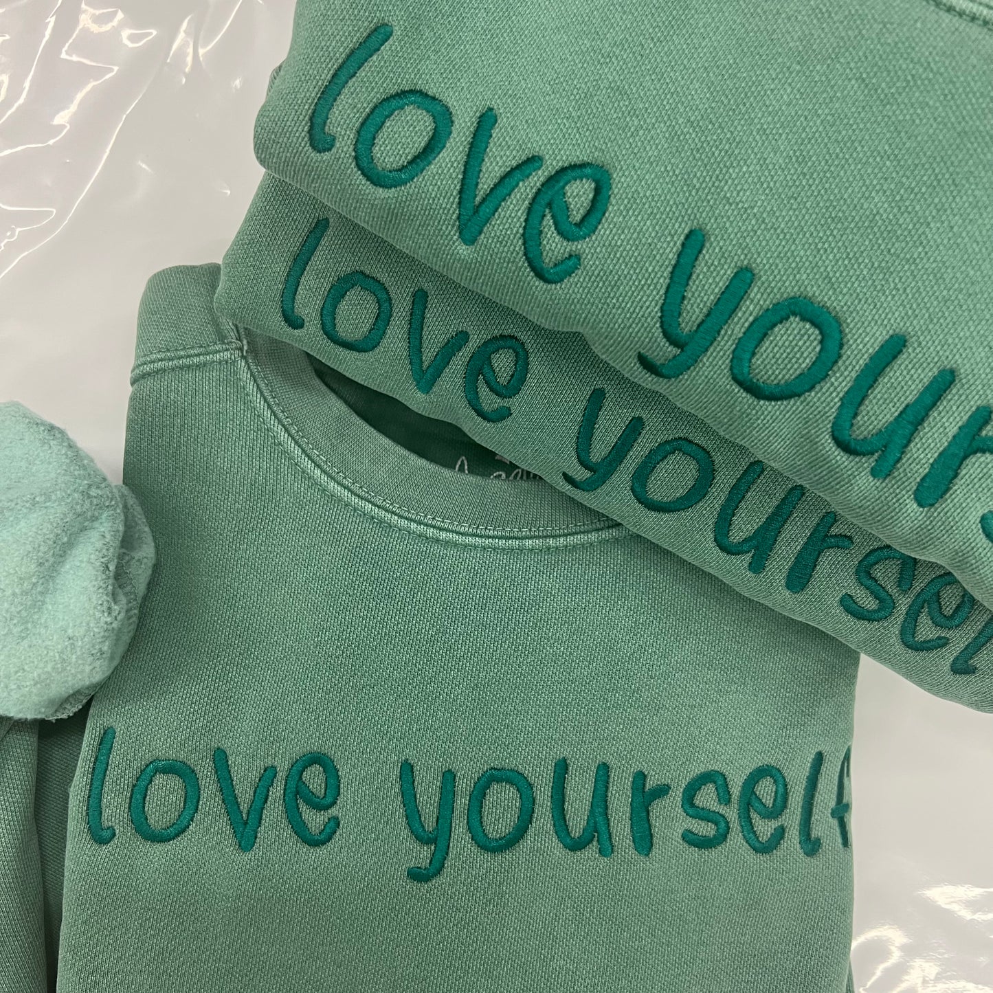 Green Love Yourself Comfort Luxe Monochromatic Embroidered Crewneck Sweatshirt