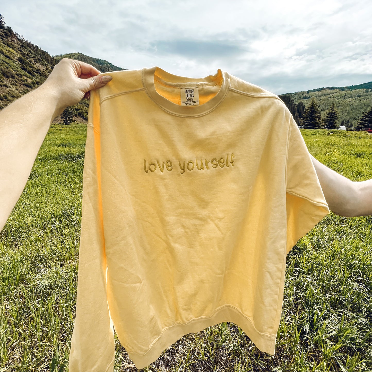 Yellow Love Yourself Comfort Luxe Monochromatic Embroidered Crewneck Sweatshirt
