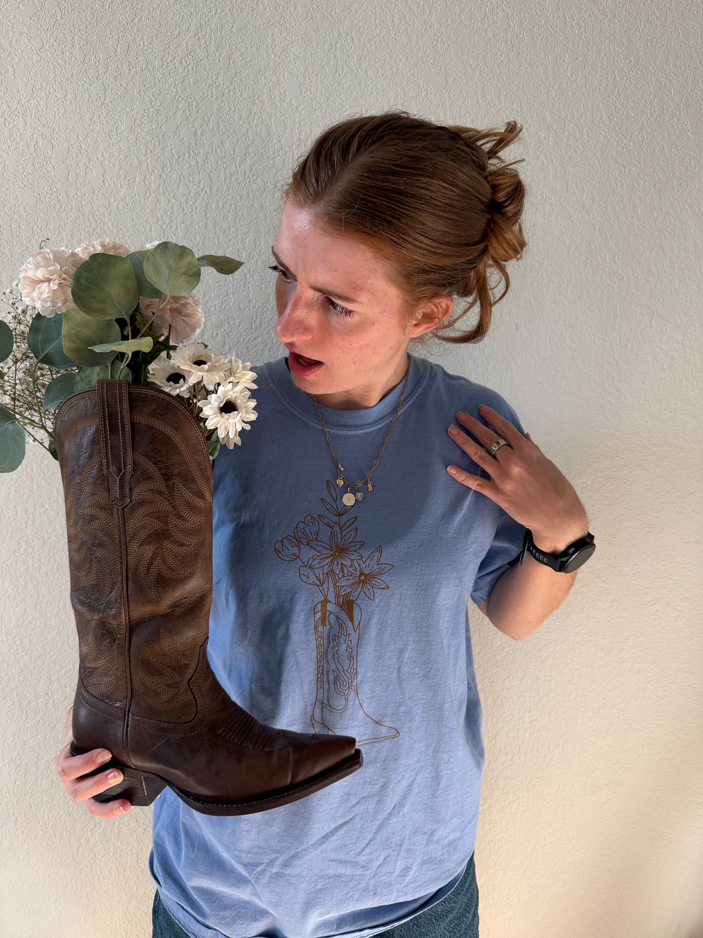 Washed Denim Wildflower Brown Cowboy Boot Bouquet T-Shirt