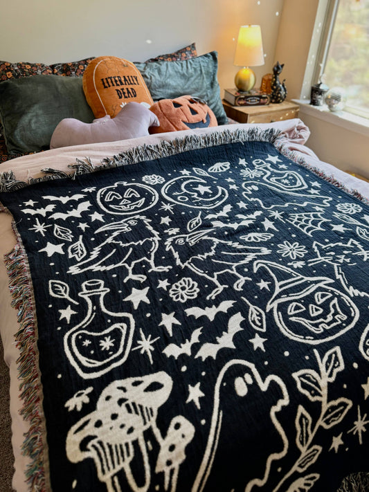 Spooky Witchy Woven Throw Blanket - Whimsical Halloween Decor