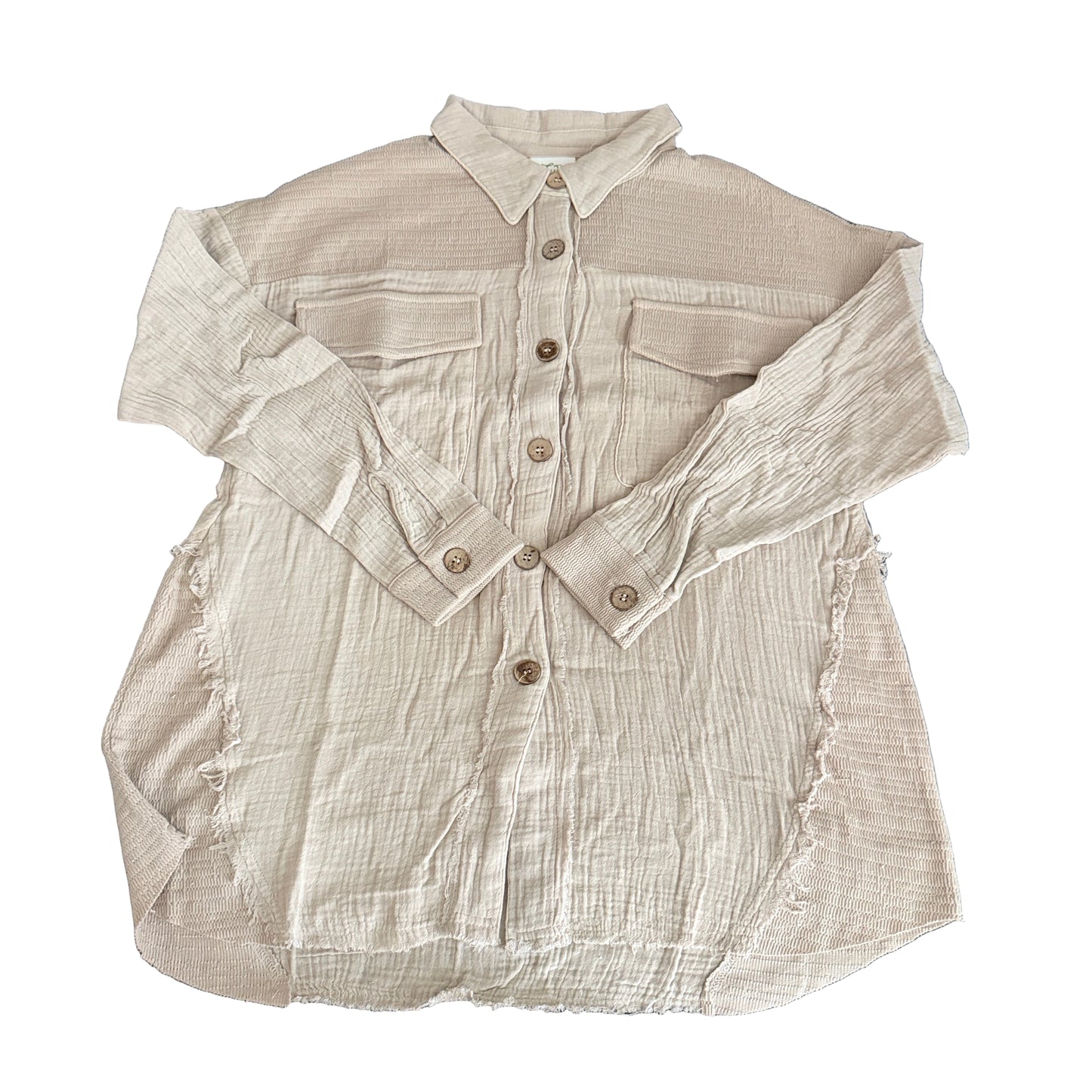 Waffle-Knit Raw Hem Lightweight Long Sleeve Shacket