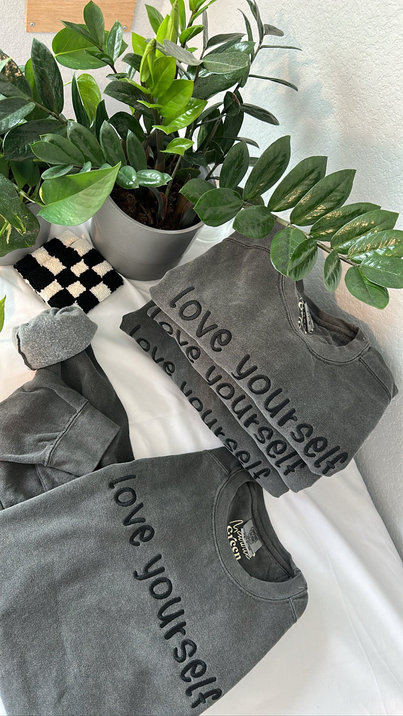 Fitted Dark Grey Comfort Luxe Monochromatic Love Yourself Embroidered Crewneck Sweatshirt