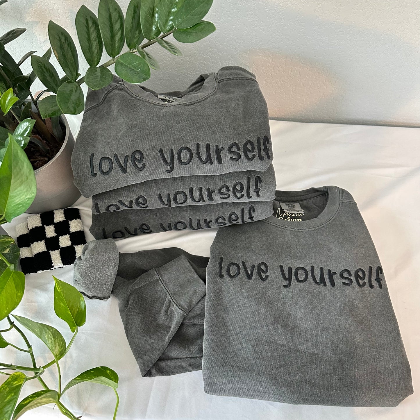Fitted Dark Grey Comfort Luxe Monochromatic Love Yourself Embroidered Crewneck Sweatshirt