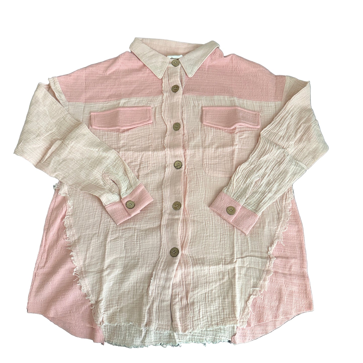 Waffle-Knit Raw Hem Lightweight Long Sleeve Shacket