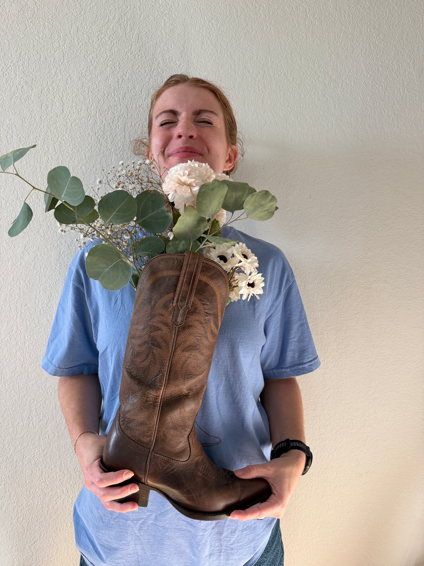 Washed Denim Wildflower Brown Cowboy Boot Bouquet T-Shirt