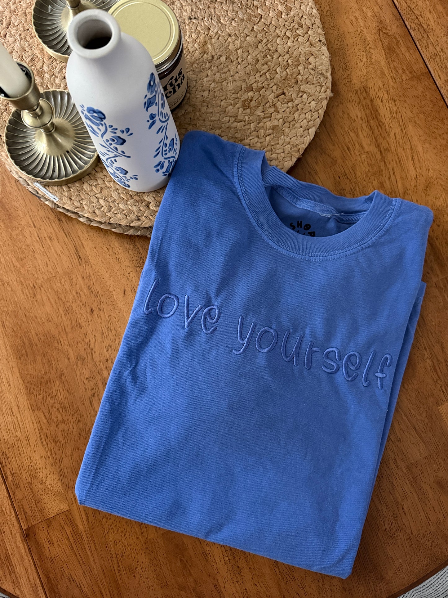 Electric Blue Purple Embroidered Love Yourself T-shirt
