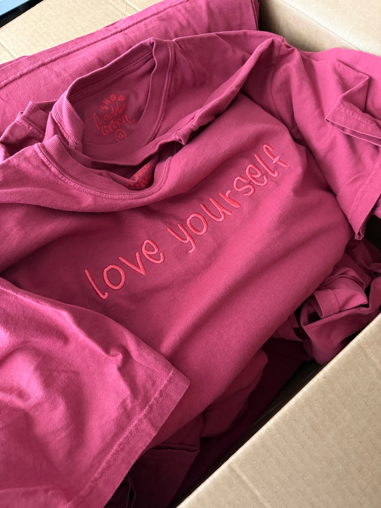 Cranberry Rose Red Pink Embroidered Love Yourself T-shirt