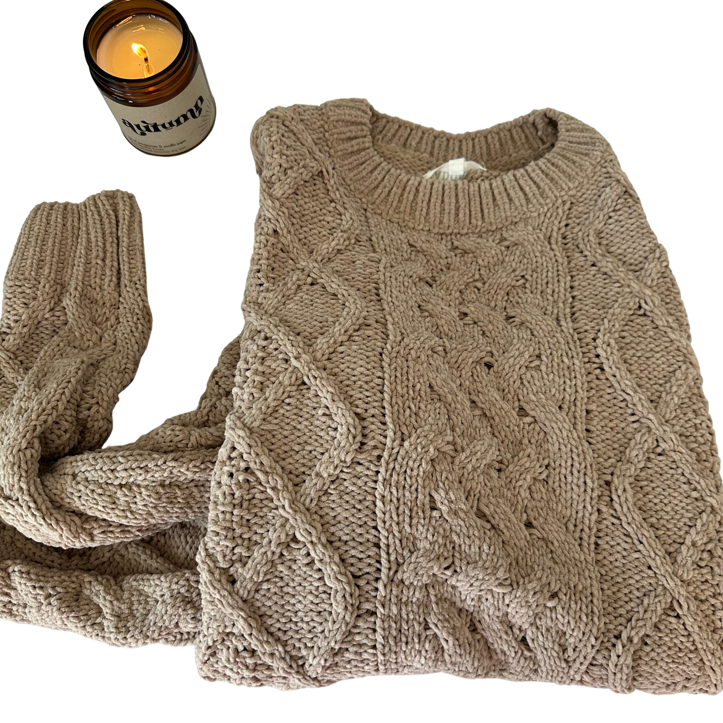 Light Brown Fuzzy Cable Knit Fall Sweater