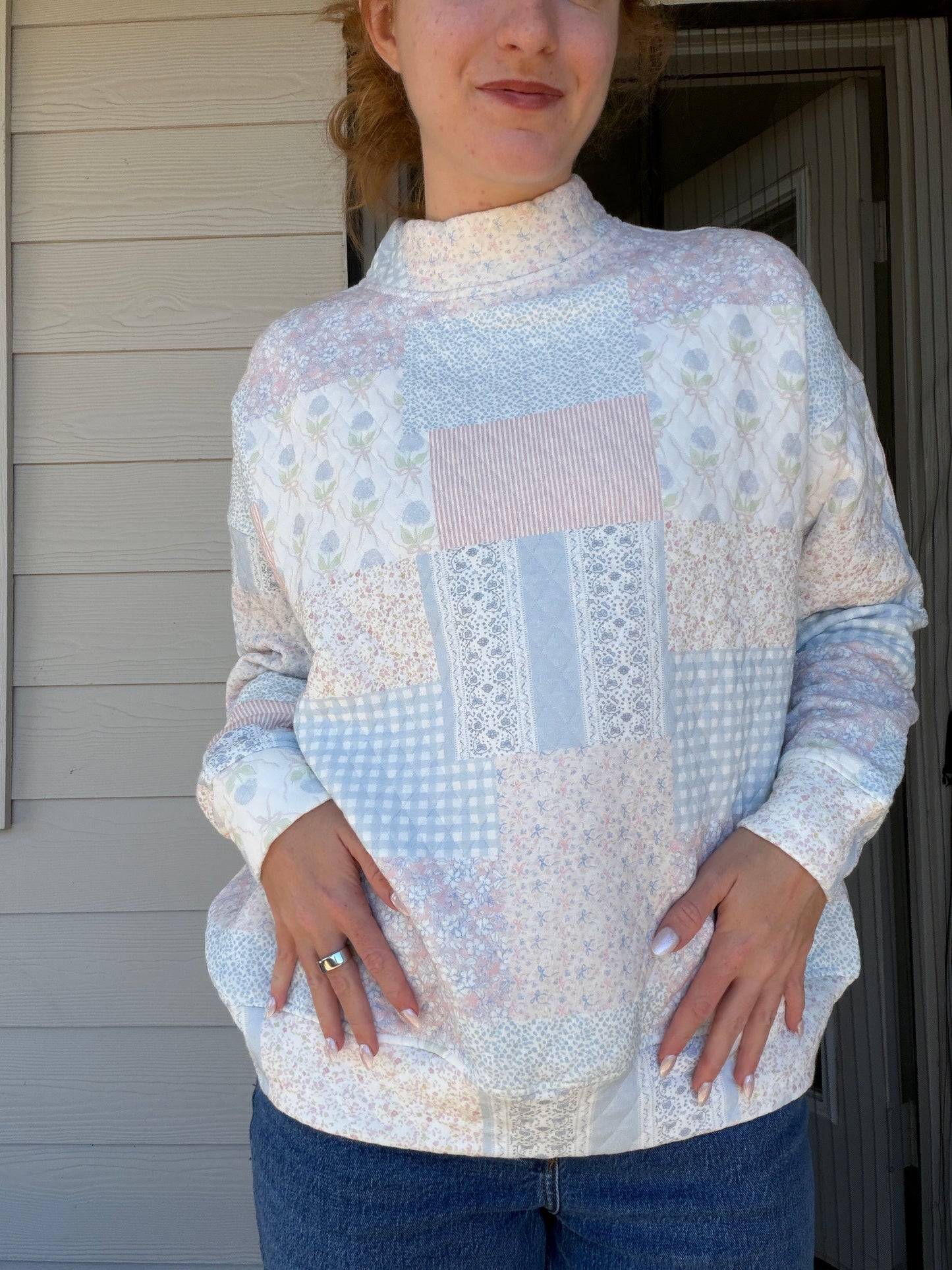 Quilted Patchwork Mockneck Sweatshirt