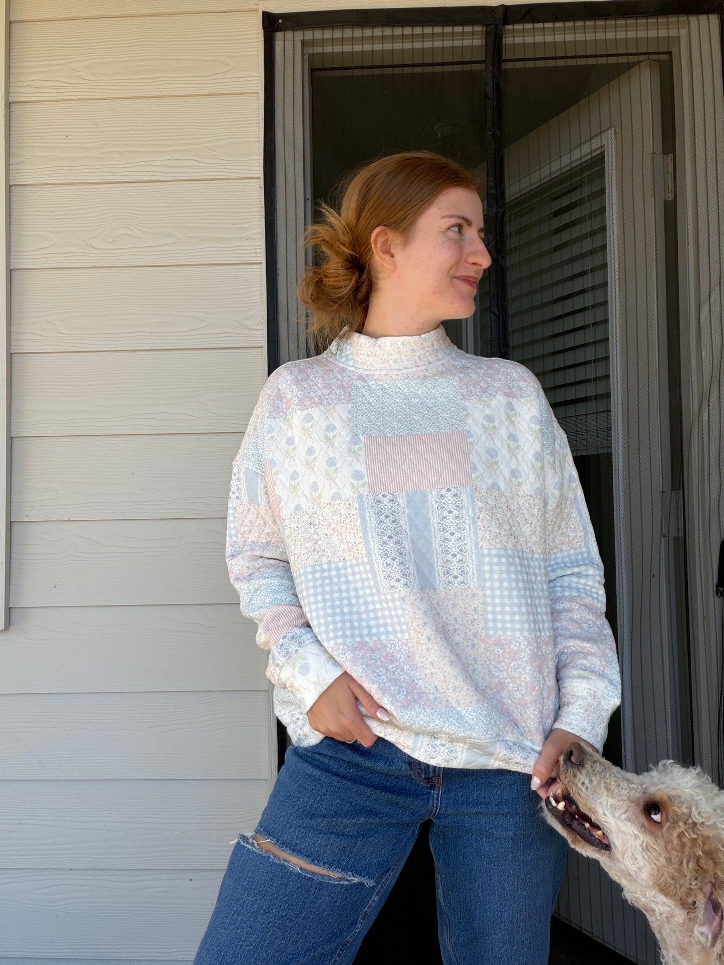 Quilted Patchwork Mockneck Sweatshirt