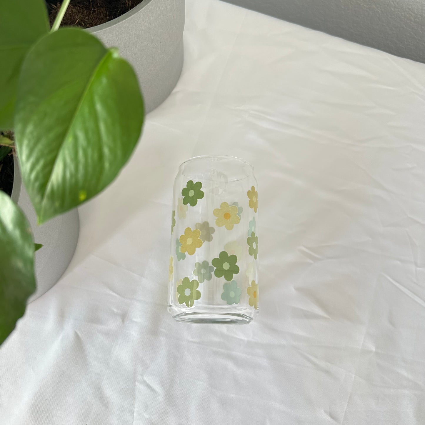 Sage Bunches Floral Glass Can Cup