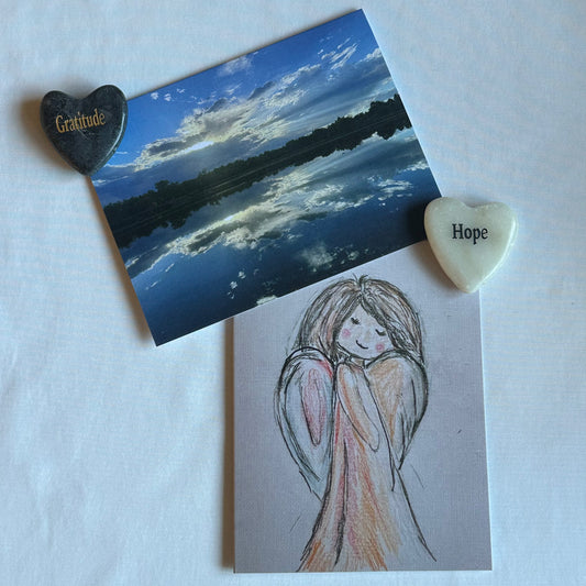 Peaceful Angel & Lovely Lake Reflections Original Set of Two Greeting Cards with White Envelopes