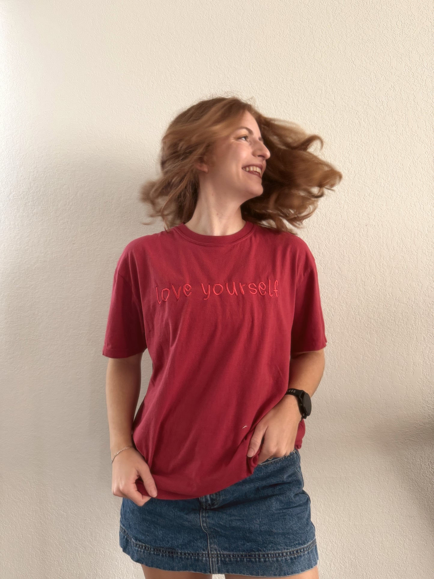 Cranberry Rose Red Pink Embroidered Love Yourself T-shirt