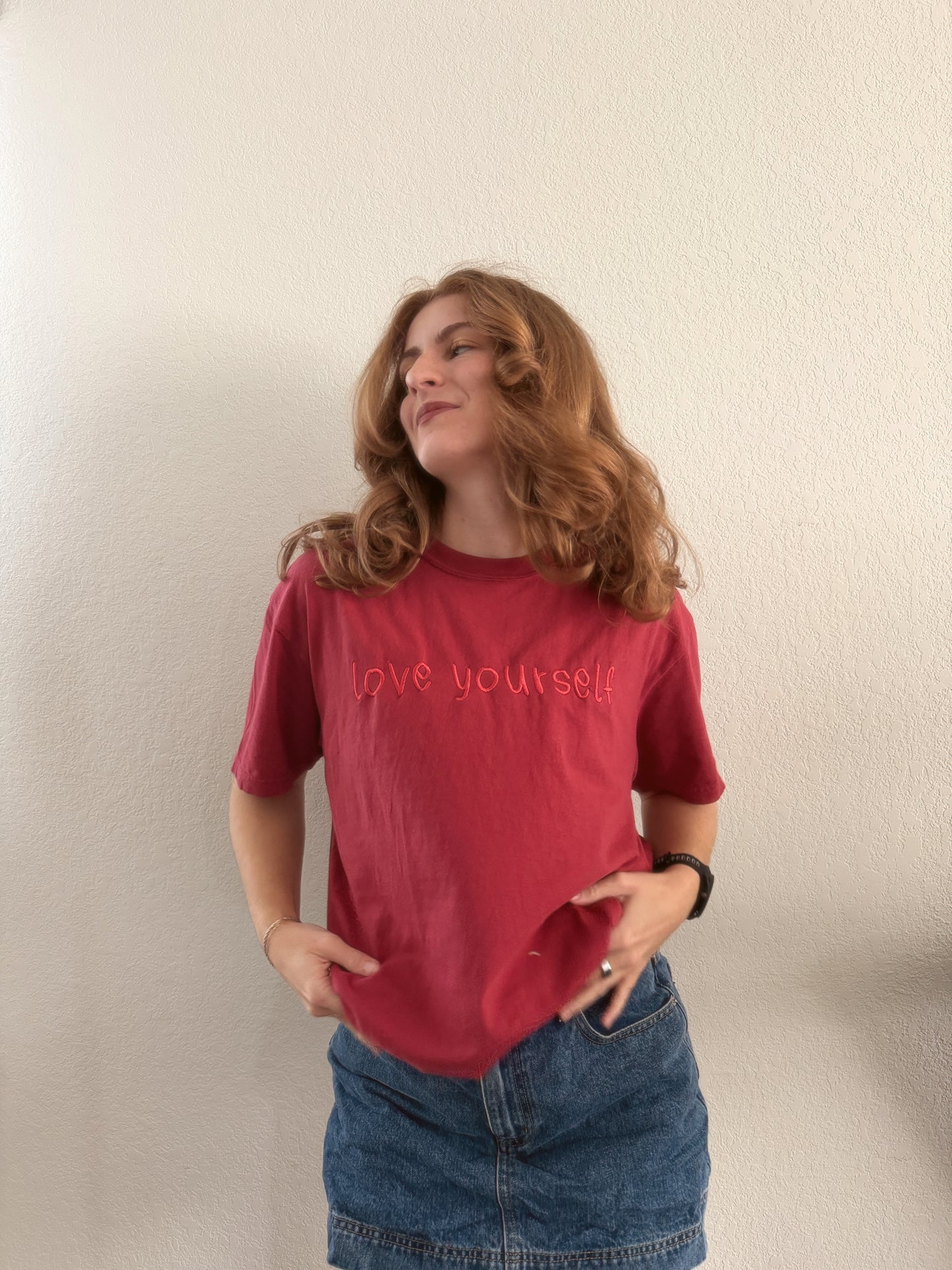Cranberry Rose Red Pink Embroidered Love Yourself T-shirt