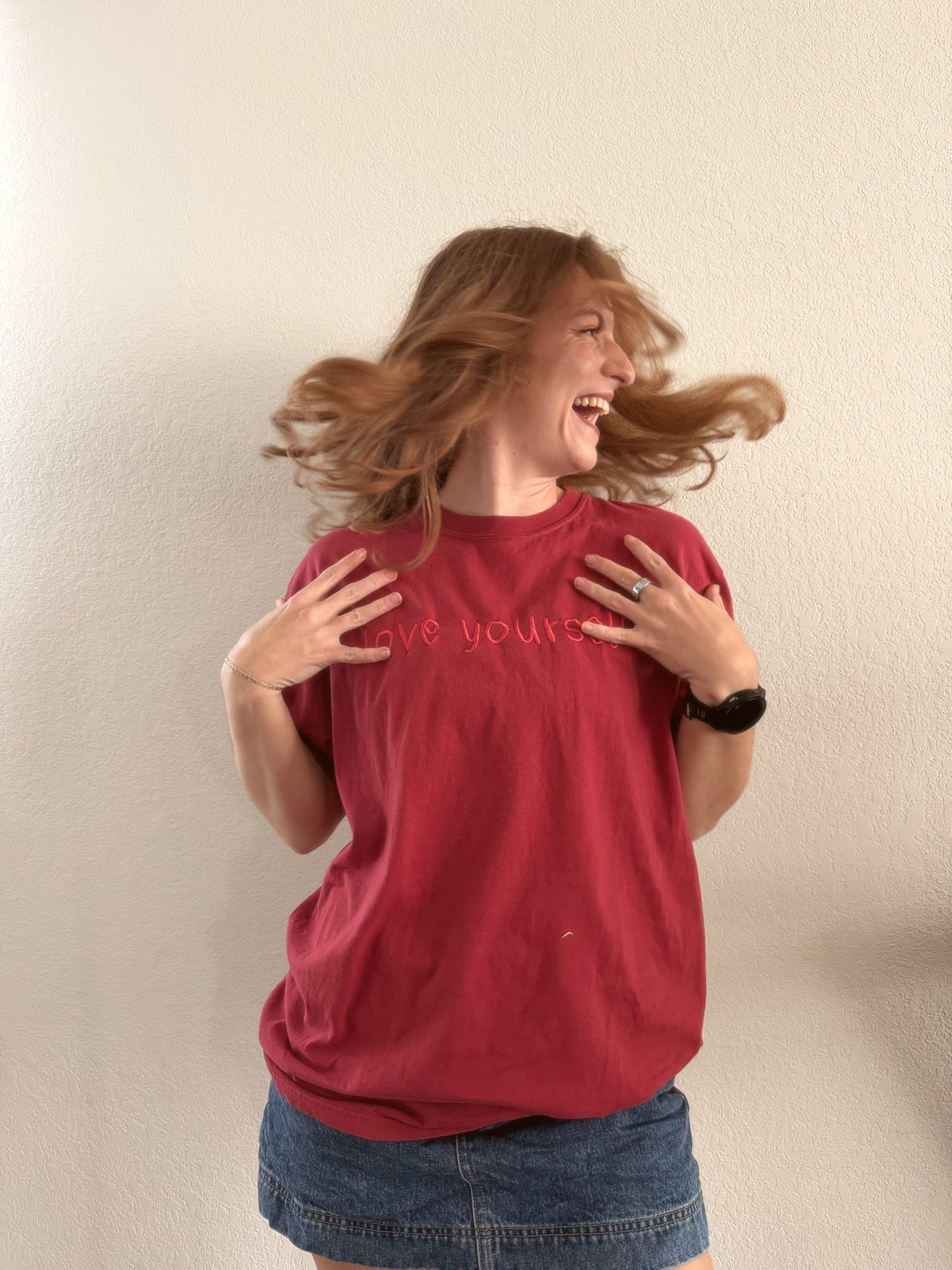 Cranberry Rose Red Pink Embroidered Love Yourself T-shirt