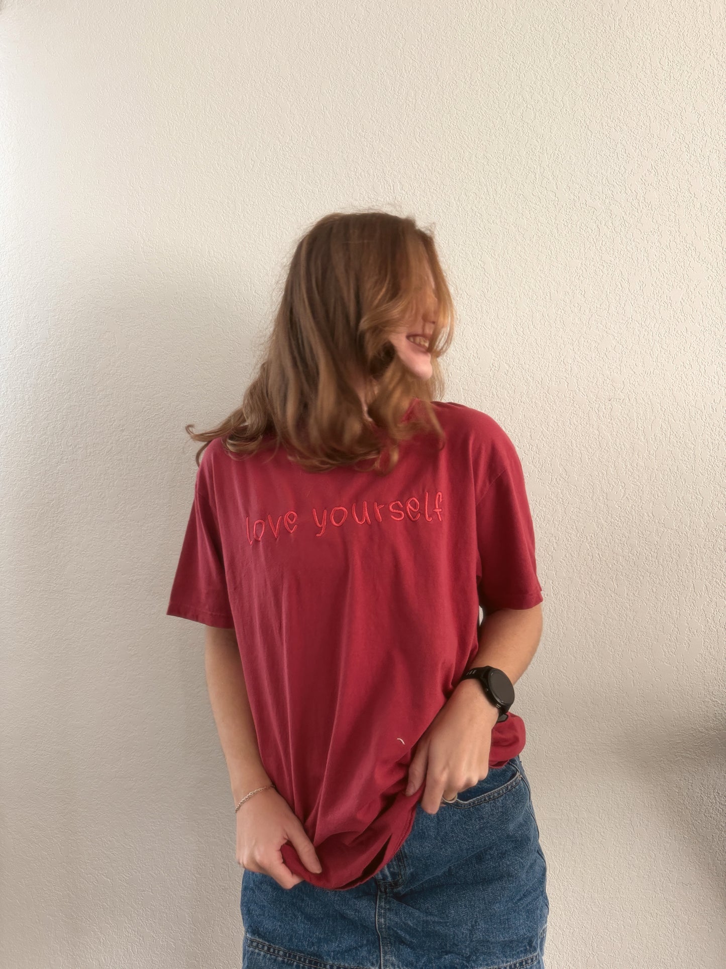 Cranberry Rose Red Pink Embroidered Love Yourself T-shirt