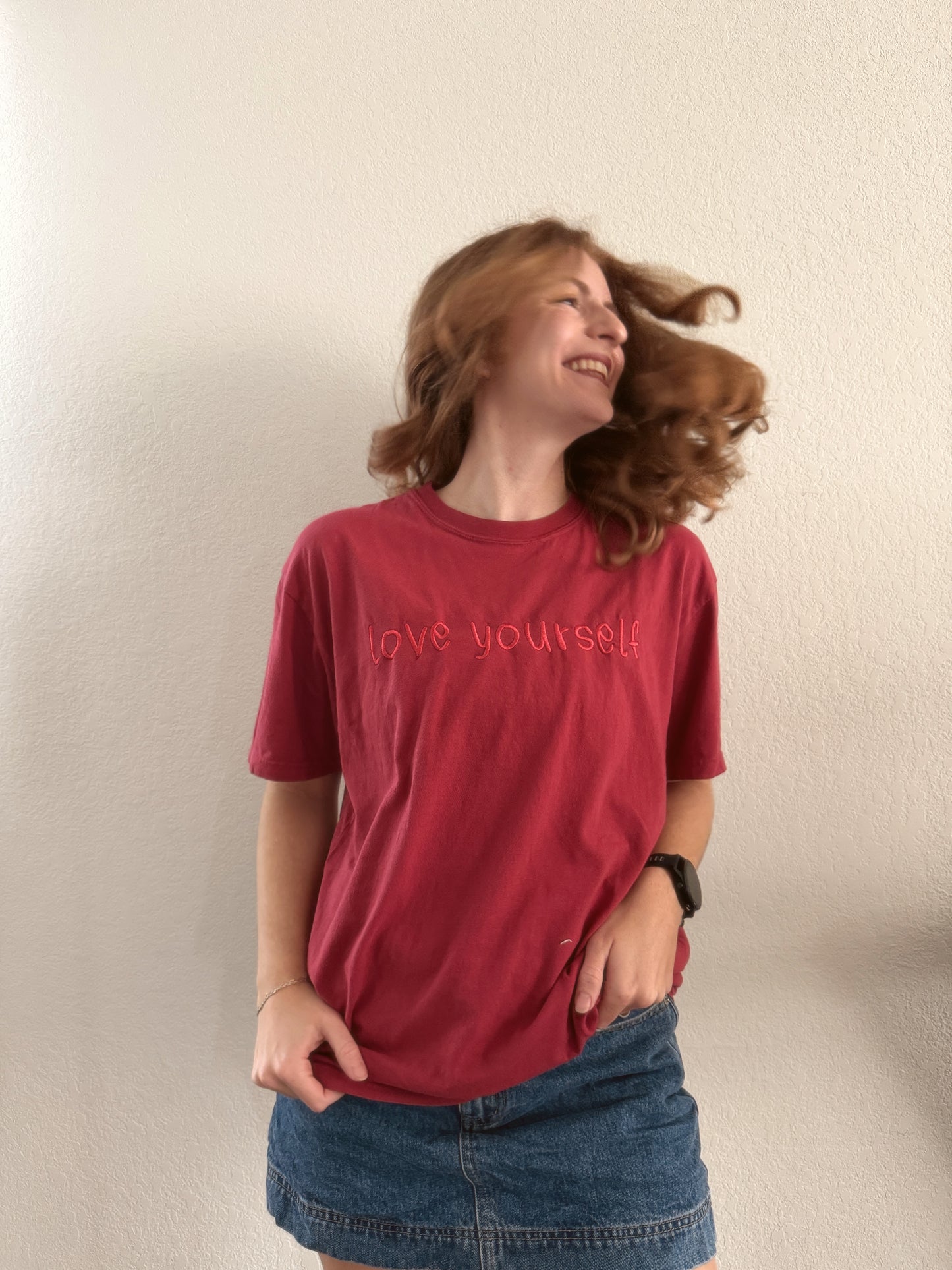 Cranberry Rose Red Pink Embroidered Love Yourself T-shirt