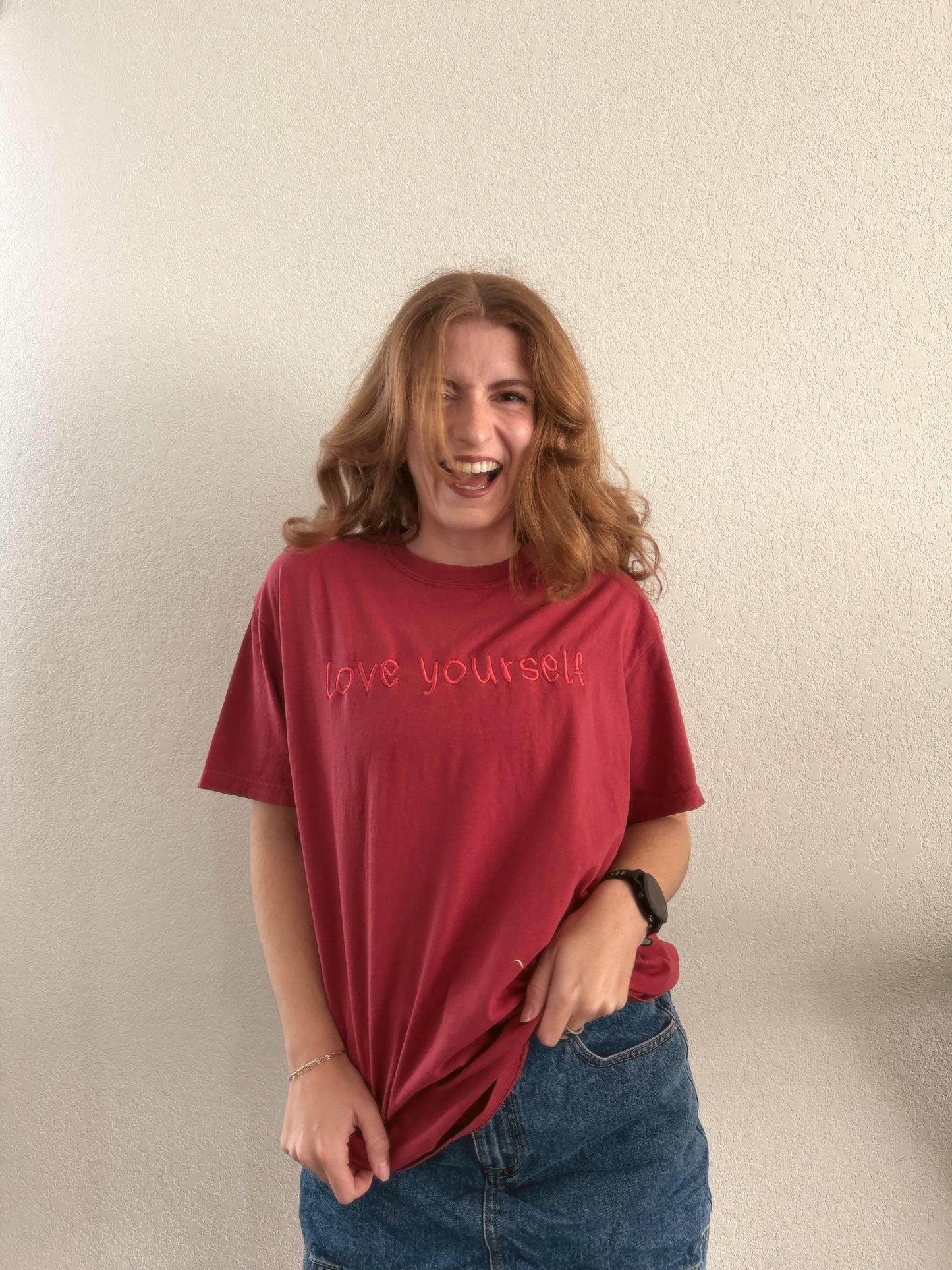 Cranberry Rose Red Pink Embroidered Love Yourself T-shirt