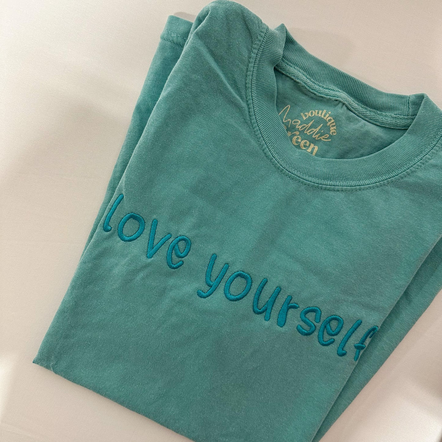 Sea Foam Green Blue Embroidered Love Yourself T-shirt