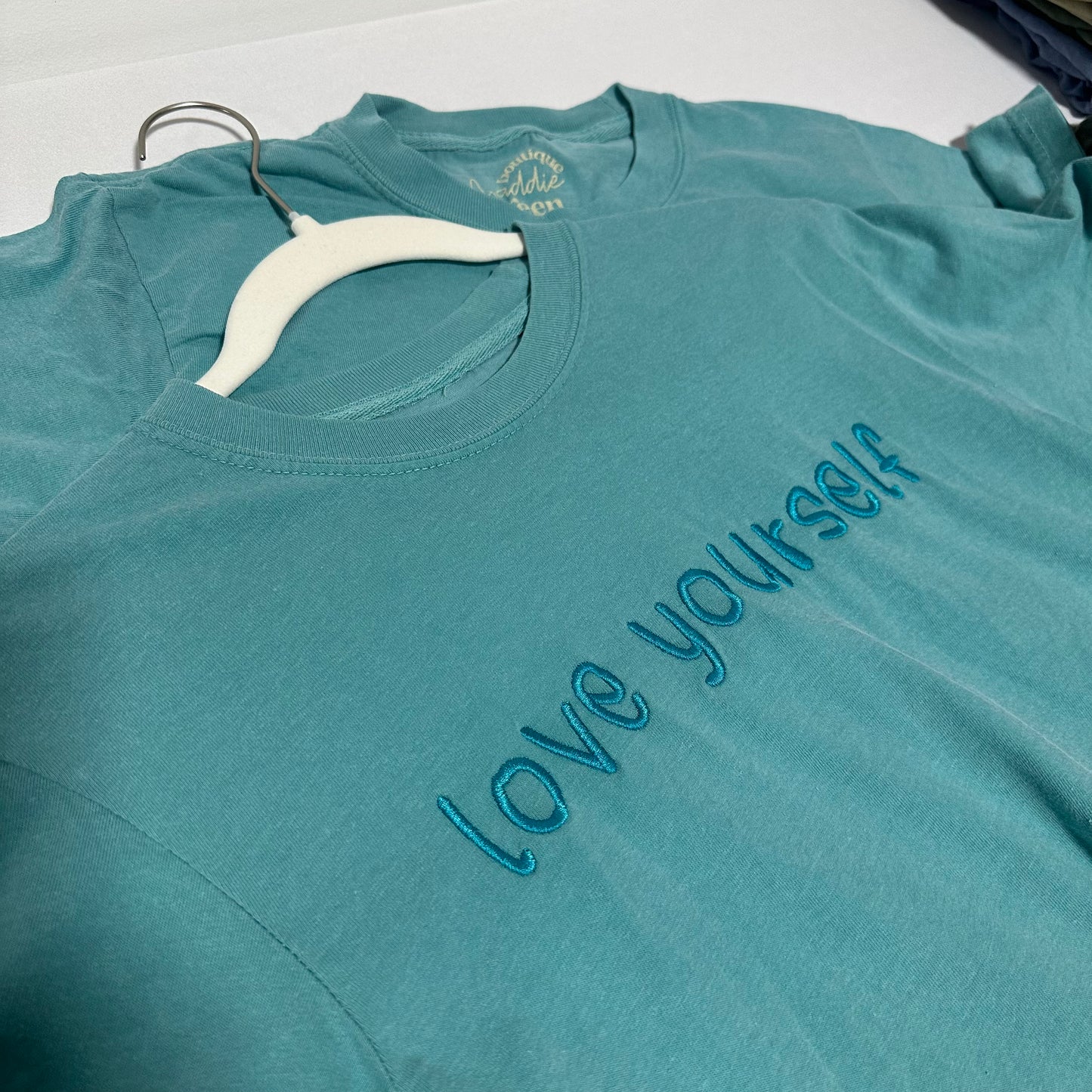 Sea Foam Green Blue Embroidered Love Yourself T-shirt