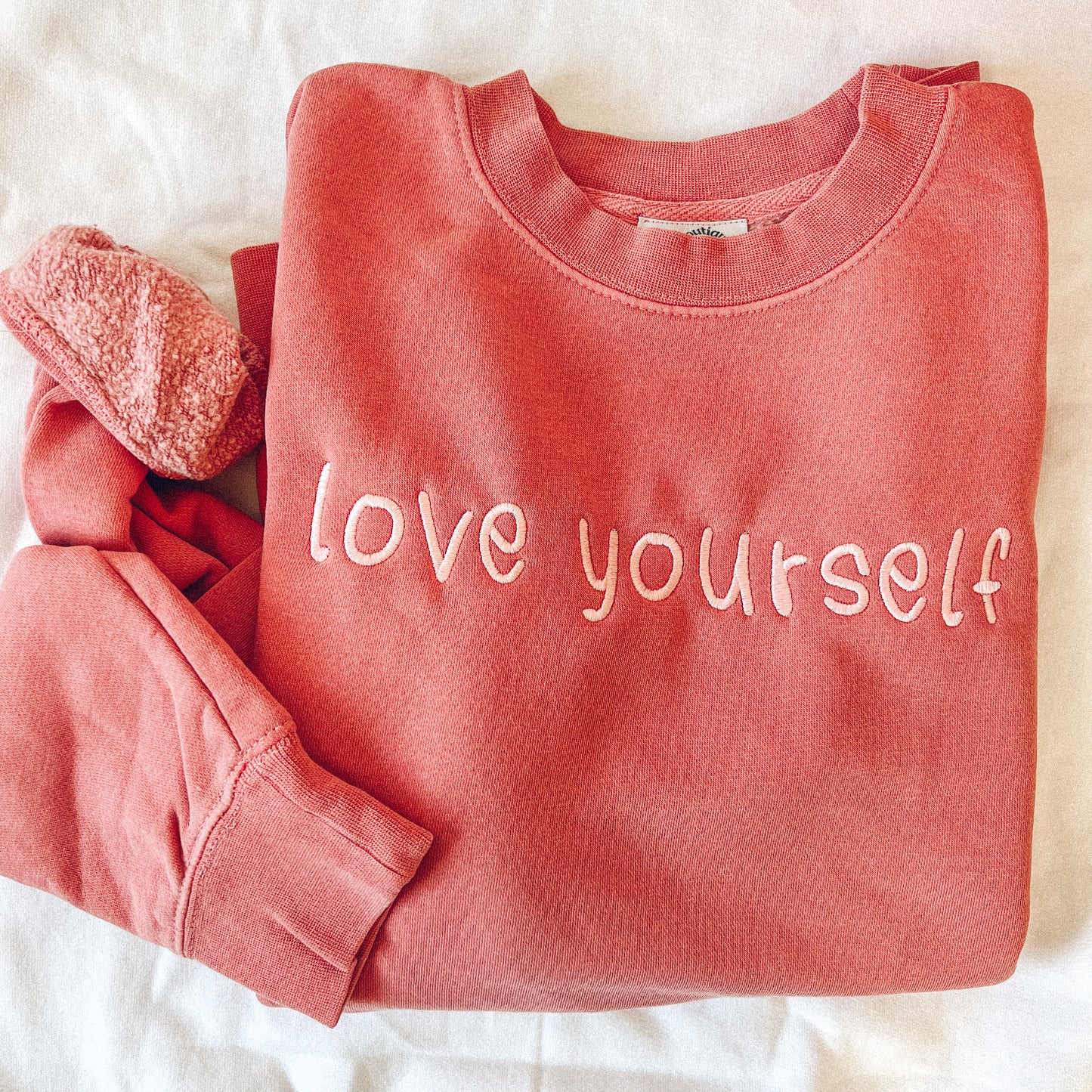Raspberry Pink Love Yourself  Luxe Soft Embroidered Crewneck Sweatshirt