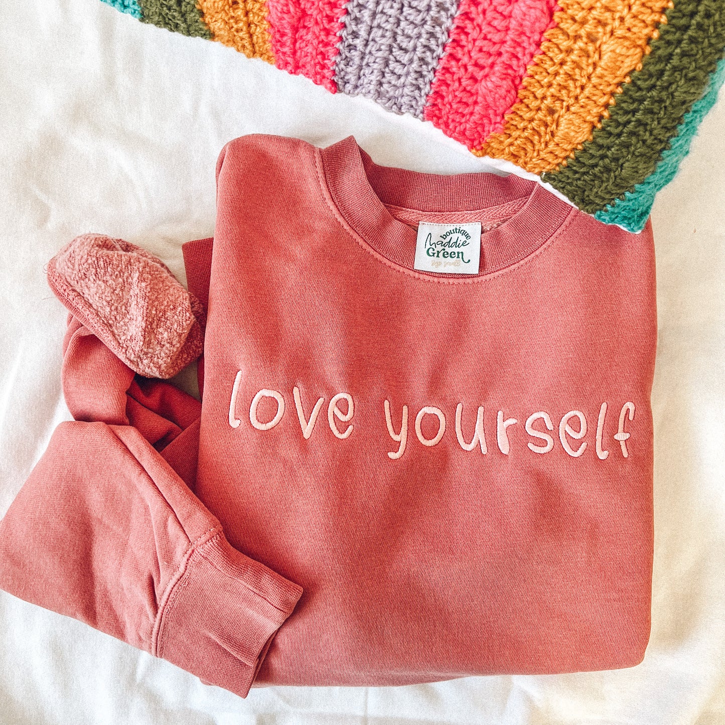 Raspberry Pink Love Yourself  Luxe Soft Embroidered Crewneck Sweatshirt