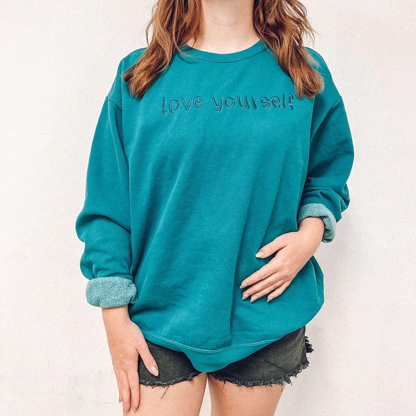 Blue Topaz Love Yourself Comfort Luxe  Monochromatic Embroidered Crewneck Sweatshirt