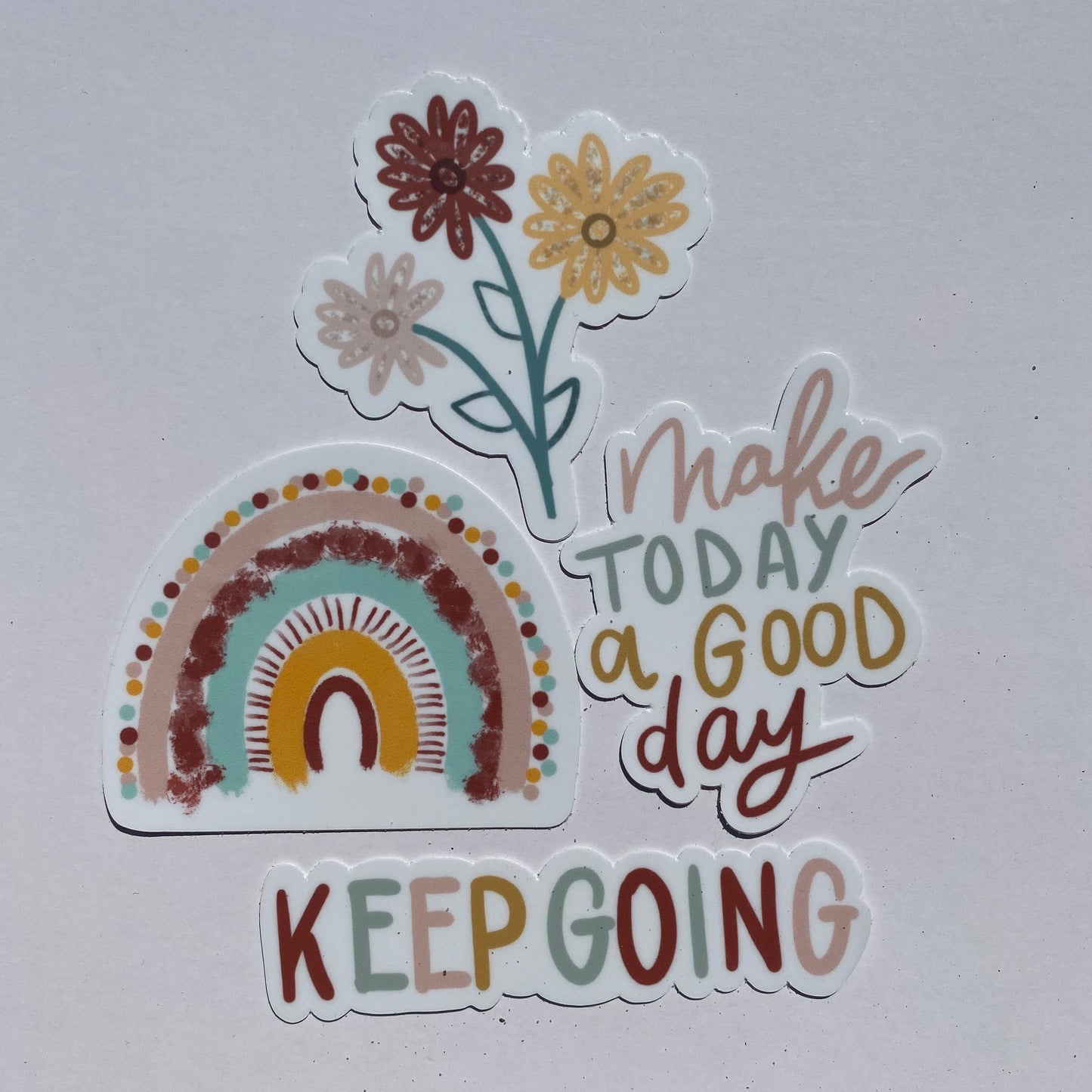 Motivational Sticker Pack - Colorful Dotted Watercolor Rainbow + Keep Going + Make Today a Good Day + Pink, Red, Yellow Flower Bunch