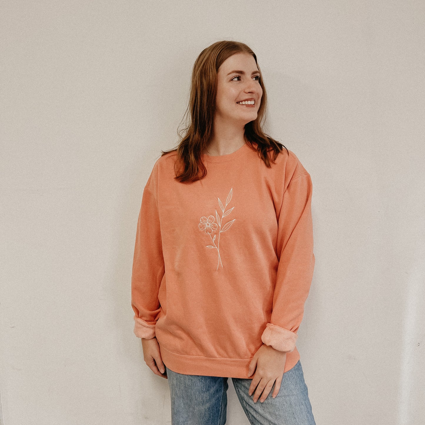 Light Orange Flower Leaf Comfort Luxe Embroidered Crewneck Sweatshirt