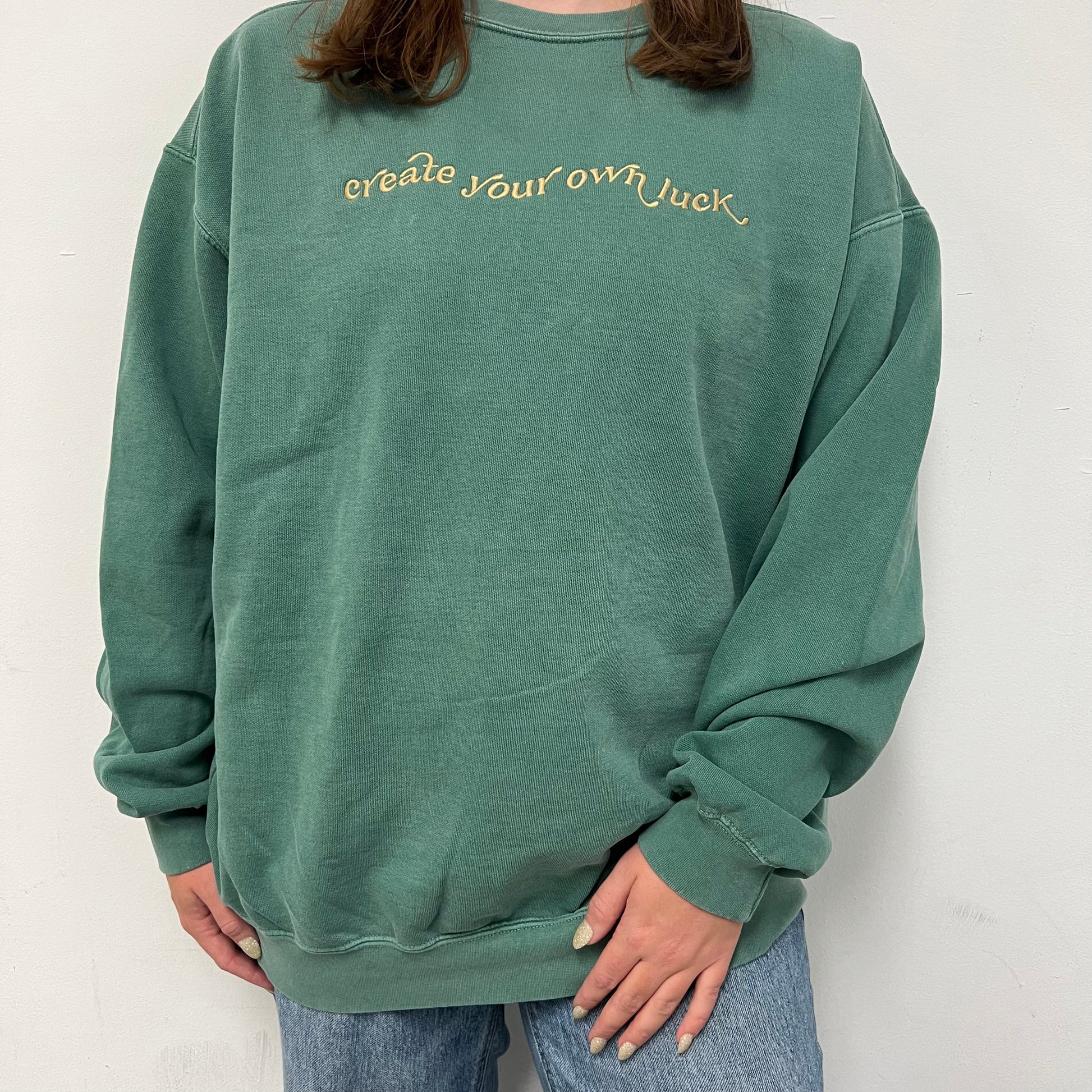 Maddie Luck Sweatshir Comfort Crewneck – Boutique Own Embroidered Green Green Luxe Create Your