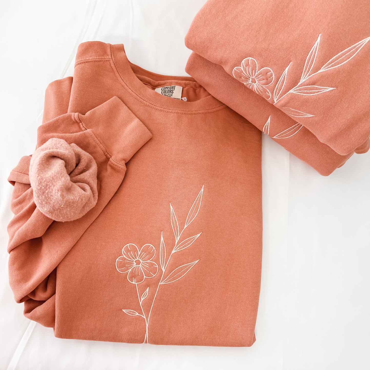 Light Orange Flower Leaf Comfort Luxe Embroidered Crewneck Sweatshirt
