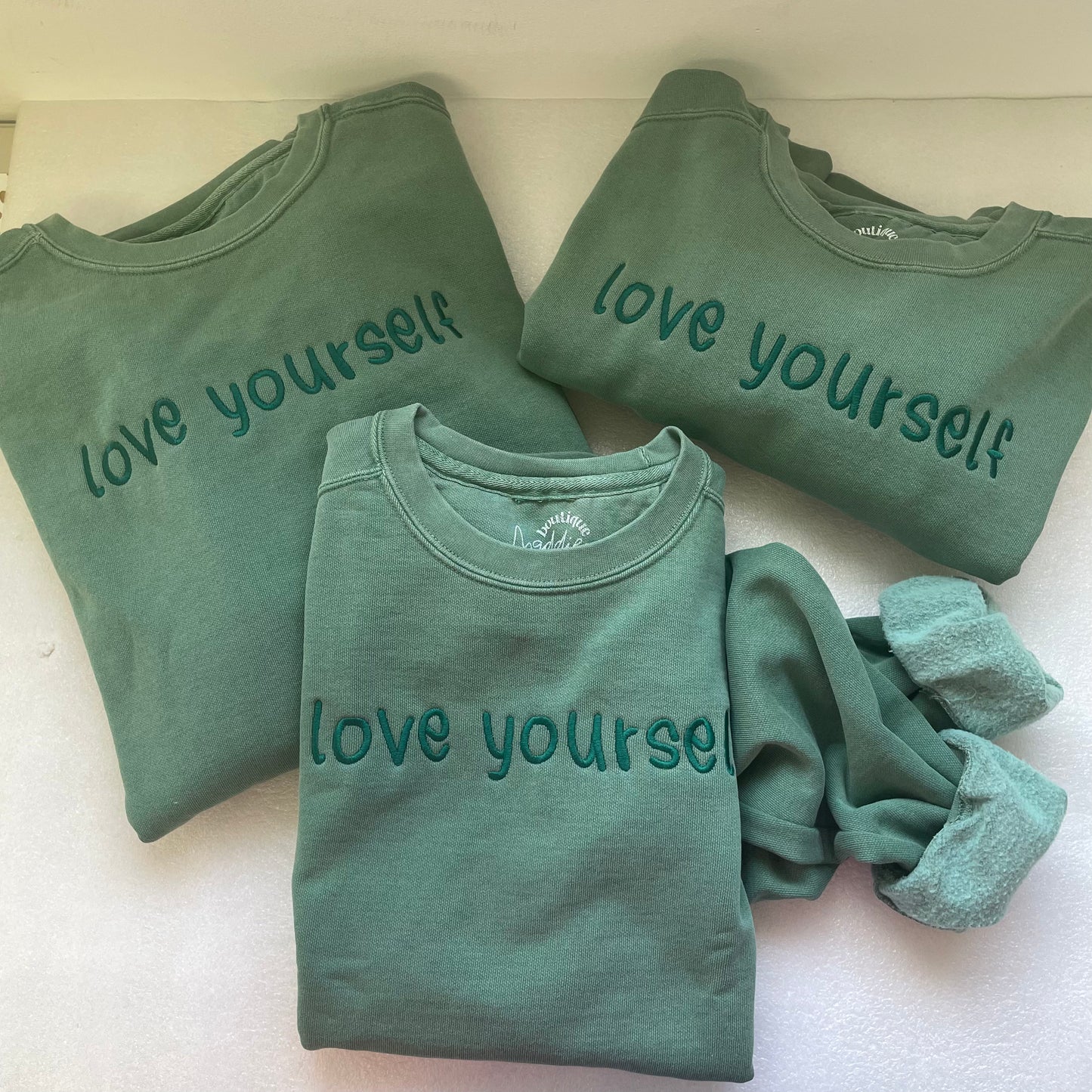 Green Love Yourself Comfort Luxe Monochromatic Embroidered Crewneck Sweatshirt