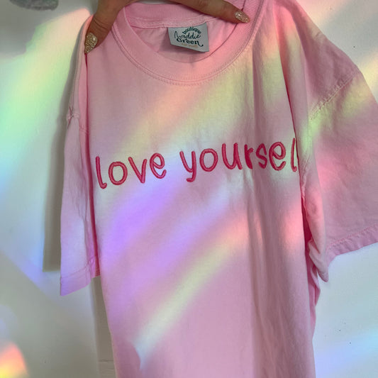 Pink Embroidered Love Yourself T-shirt